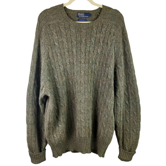 Polo Ralph Lauren VTG SZ L Alpaca Wool Blend Cable Knit Sweater Leather Elbows - Picture 2 of 5